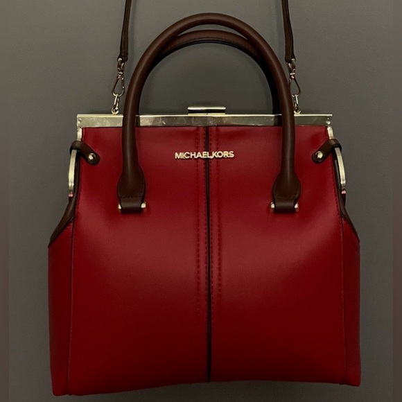 Michael Kors Handbags - Michael Kors Red With Brown Trim Crossbody/Shoulder Satchel